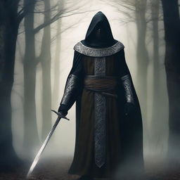 Create an image of a tall, hooded figure with an iron mask covering their face, standing with an elven sword at their waist