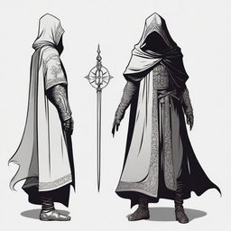 Create an image of a tall, hooded figure wearing an iron mask adorned with magical runes