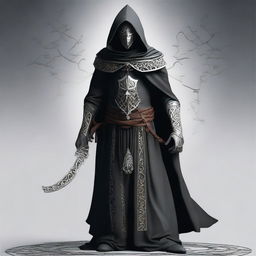 Create an image of a tall, hooded figure wearing an iron mask adorned with magical runes