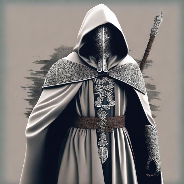 Create an image of a tall, hooded figure wearing an iron mask adorned with magical runes