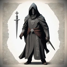 Create an image of a tall, hooded figure wearing an iron mask adorned with magical runes