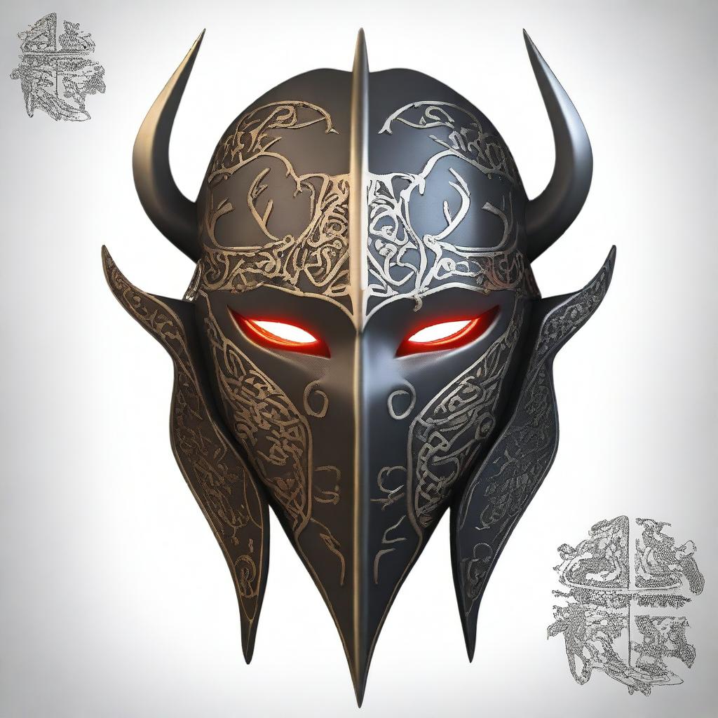 Create an image of a terrifying iron mask adorned with elvish magical runes