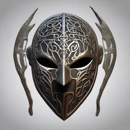 Create an image of a terrifying iron mask adorned with elvish magical runes