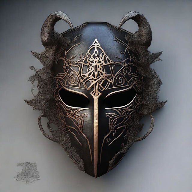 Create an image of a terrifying iron mask adorned with elvish magical runes