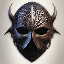 Create an image of a terrifying iron mask adorned with elvish magical runes