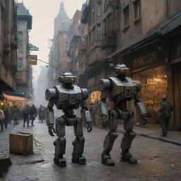 pirexian future city 2050 age with robots soldier style warhammer in the street painted by rembrandt