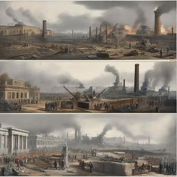 A detailed and educational illustration showing the modern consequences of historical events such as the Industrial Revolution and the French Revolution