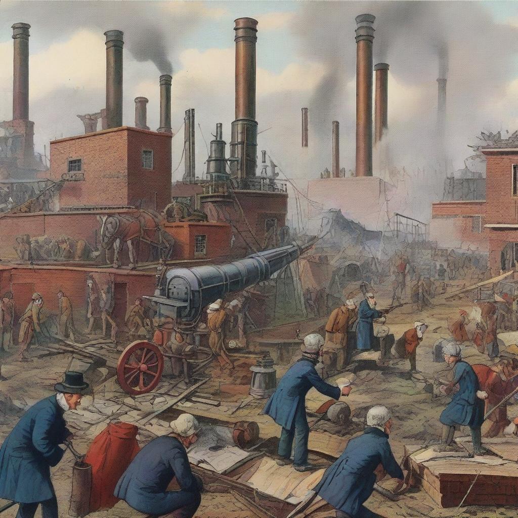 A detailed and educational illustration showing the modern consequences of historical events such as the Industrial Revolution and the French Revolution