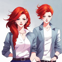 A stunning character with vibrant red hair, styled in a modern and fashionable way