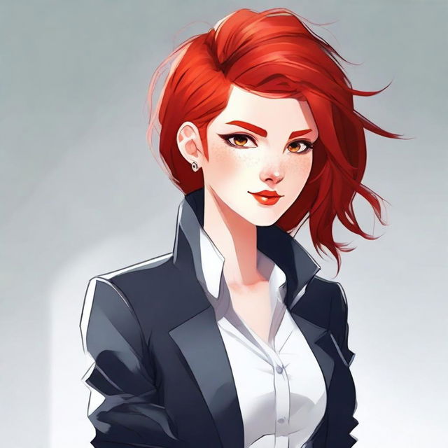 A stunning character with vibrant red hair, styled in a modern and fashionable way