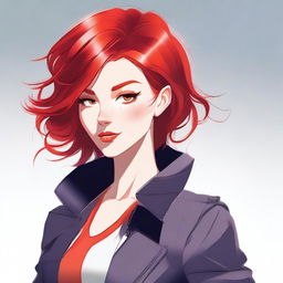 A stunning character with vibrant red hair, styled in a modern and fashionable way