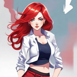 A stunning character with vibrant red hair, styled in a modern and fashionable way