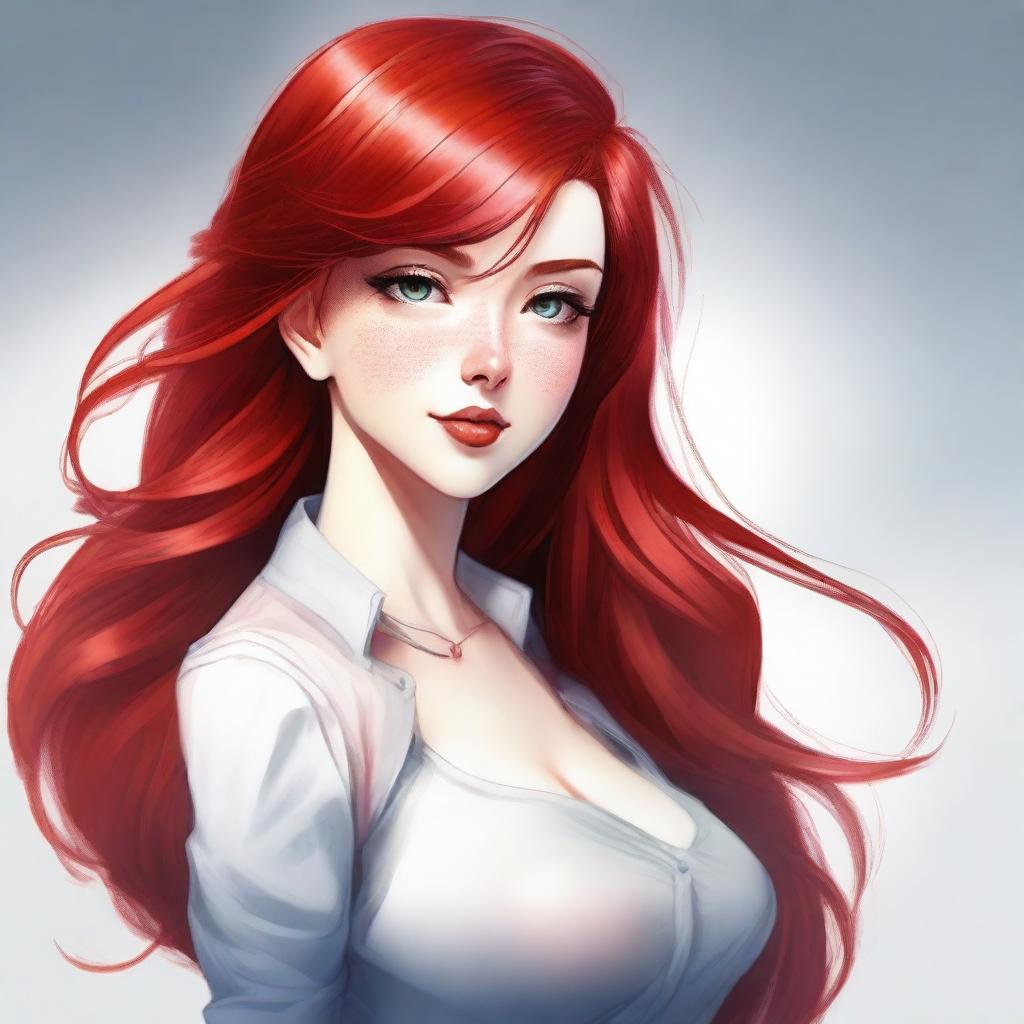 A striking human character with vibrant red hair, exuding confidence and charm