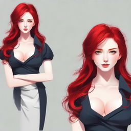 A striking human character with vibrant red hair, exuding confidence and charm