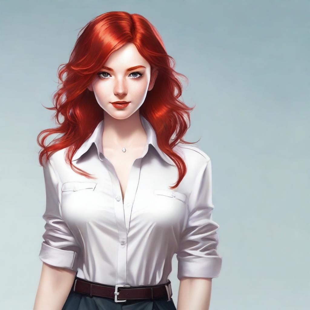 A striking human character with vibrant red hair, exuding confidence and charm