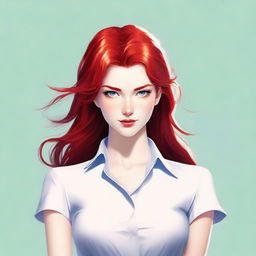 A striking human character with vibrant red hair, exuding confidence and charm