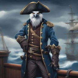 A detailed illustration of an Aarakocra pirate standing on a ship's deck