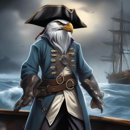 A detailed illustration of an Aarakocra pirate standing on a ship's deck