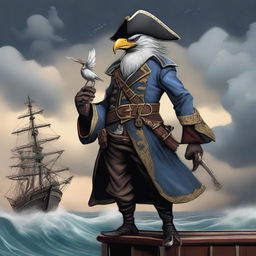 A detailed illustration of an Aarakocra pirate standing on a ship's deck