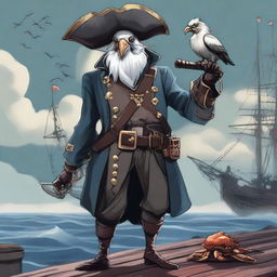 A detailed illustration of an Aarakocra pirate standing on a ship's deck, accompanied by a crab familiar