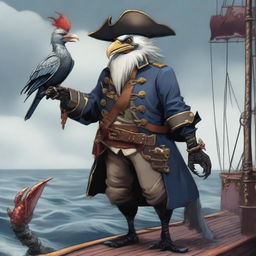 A detailed illustration of an Aarakocra pirate standing on a ship's deck, accompanied by a crab familiar