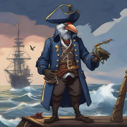 A detailed illustration of an Aarakocra pirate standing on a ship's deck, accompanied by a crab familiar