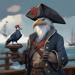 A detailed illustration of an Aarakocra pirate standing on a ship's deck, accompanied by a crab familiar