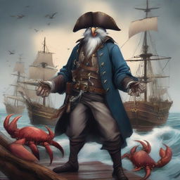 A detailed illustration of an Aarakocra pirate standing on a ship's deck, surrounded by crabs