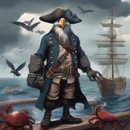 A detailed illustration of an Aarakocra pirate standing on a ship's deck, surrounded by crabs