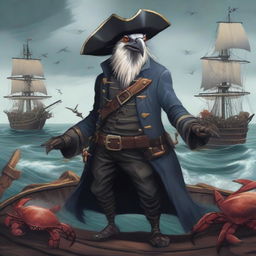 A detailed illustration of an Aarakocra pirate standing on a ship's deck, surrounded by crabs