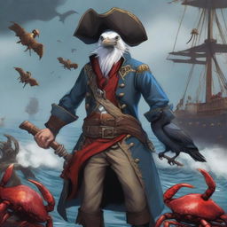 A detailed illustration of an Aarakocra pirate standing on a ship's deck, surrounded by crabs