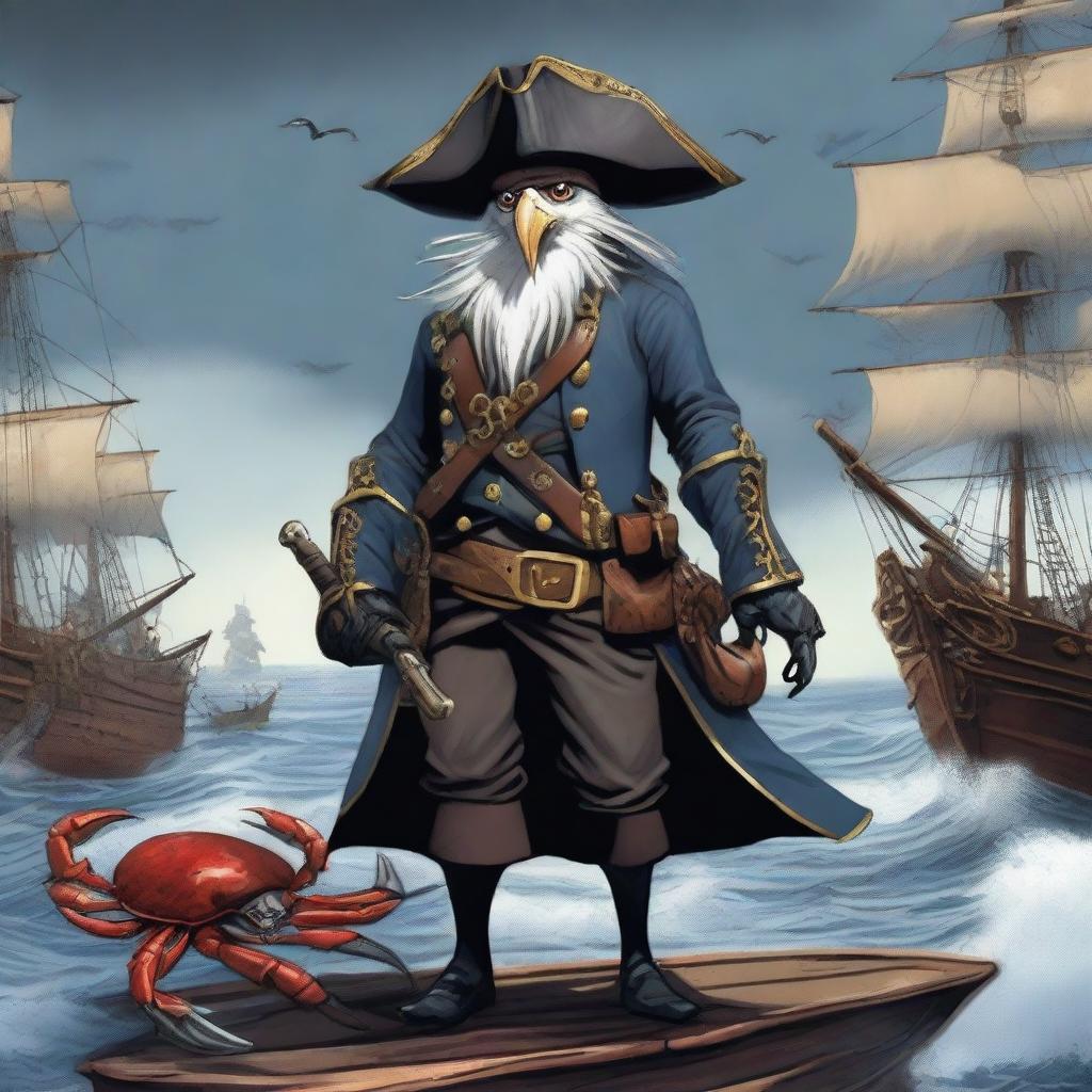 A detailed illustration of an Aarakocra pirate standing on a ship's deck, surrounded by crabs