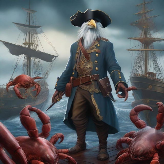 A detailed illustration of an Aarakocra pirate standing on a ship's deck, surrounded by crabs