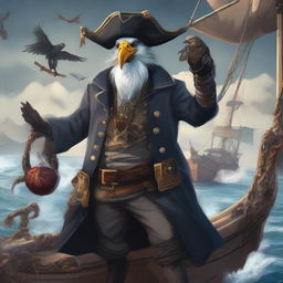 A detailed illustration of an Aarakocra pirate standing on a ship's deck, surrounded by crabs