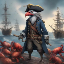 A detailed illustration of an Aarakocra pirate standing on a ship's deck, surrounded by crabs