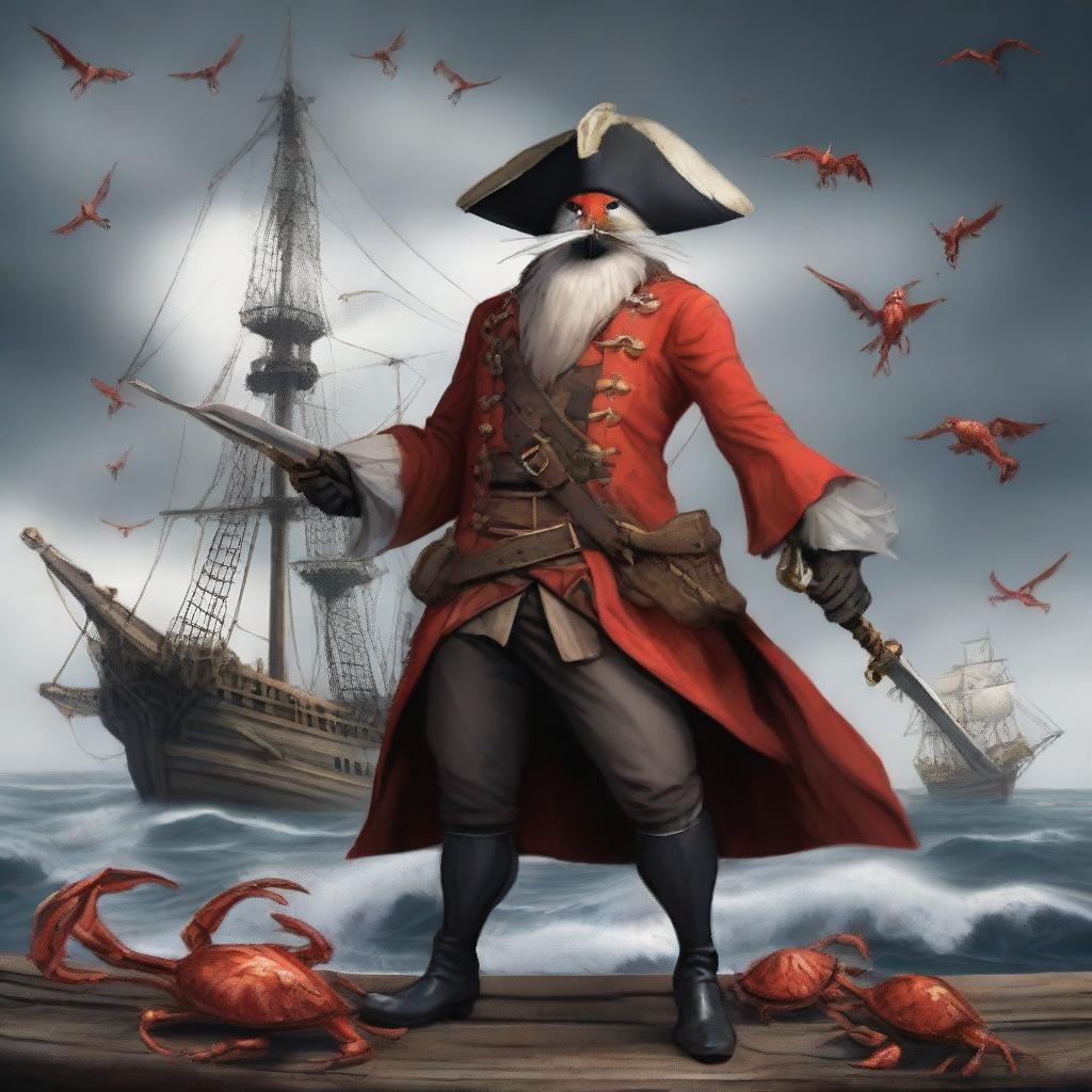 A detailed illustration of an Aarakocra pirate standing on a ship's deck, wearing a red coat and holding swords