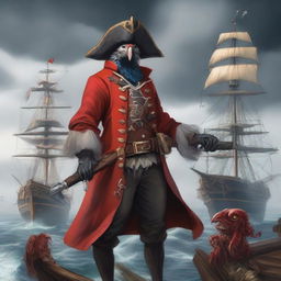 A detailed illustration of an Aarakocra pirate standing on a ship's deck, wearing a red coat and holding swords