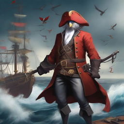 A detailed illustration of an Aarakocra pirate standing on a ship's deck, wearing a red coat and holding swords