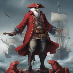 A detailed illustration of an Aarakocra pirate standing on a ship's deck, wearing a red coat and holding swords