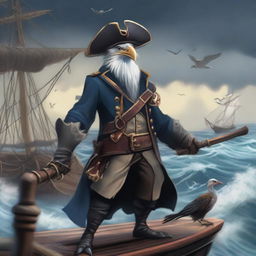 A detailed illustration of an Aarakocra pirate standing on a ship's deck, holding swords