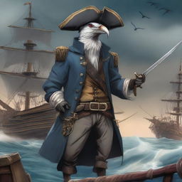 A detailed illustration of an Aarakocra pirate standing on a ship's deck, holding swords