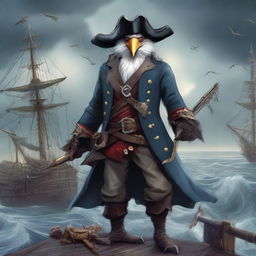 A detailed illustration of an Aarakocra pirate standing on a ship's deck, holding swords