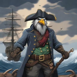 A detailed illustration of an Aarakocra pirate standing on a ship's deck, holding swords