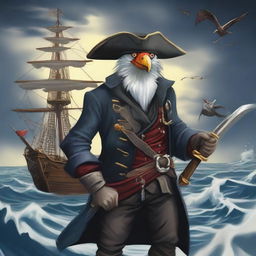 A detailed illustration of an Aarakocra pirate standing on a ship's deck, holding swords