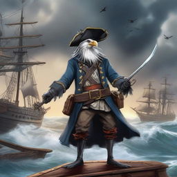 A detailed illustration of an Aarakocra pirate standing on a ship's deck, holding swords