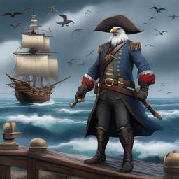 A detailed illustration of an Aarakocra pirate standing on a ship's deck, holding swords