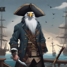 A detailed illustration of a gruff and serious Aarakocra pirate standing on a ship's deck, holding swords