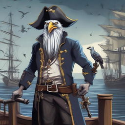 A detailed illustration of a gruff and serious Aarakocra pirate standing on a ship's deck, holding swords