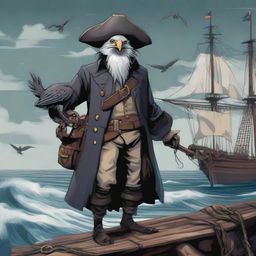 A detailed illustration of a gruff and serious Aarakocra pirate standing on a ship's deck, holding swords