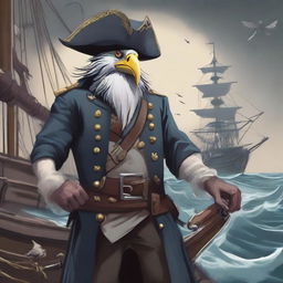 A detailed illustration of a gruff and serious Aarakocra pirate standing on a ship's deck, holding swords